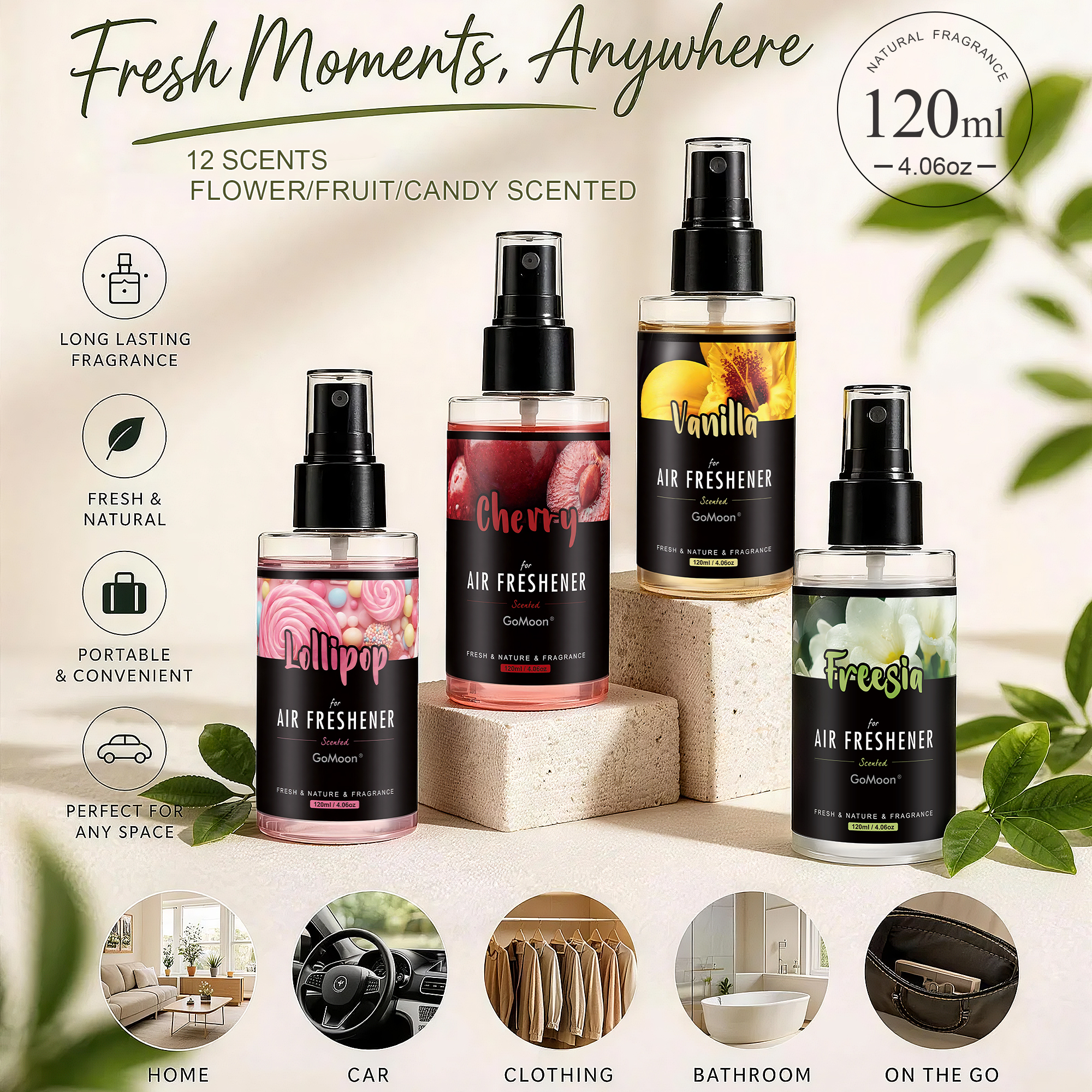 Home Fragrance Large - Flower/Fruit/Candy Scent Car Fragrance Spray, 120ml/4.06oz